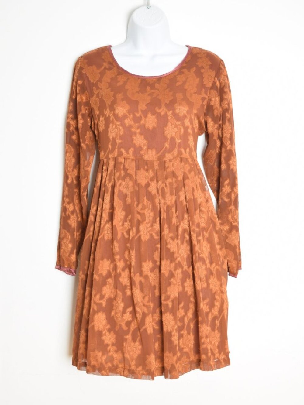 vintage 90s babydoll dress grunge brown chiffon floral long sleeve mini S